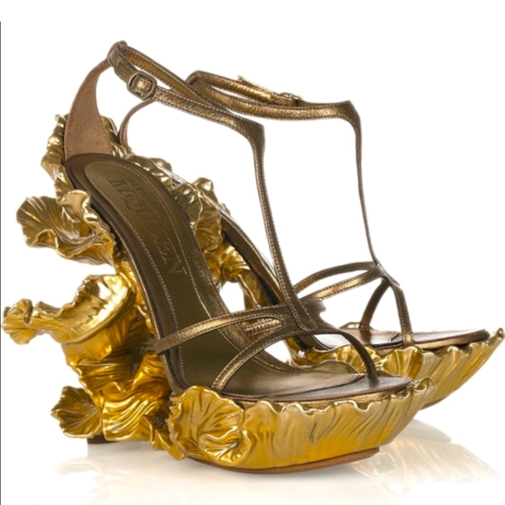 (IN SEARCH OF) Alexander McQueen Karma Wedge Sandal. Gold or Black